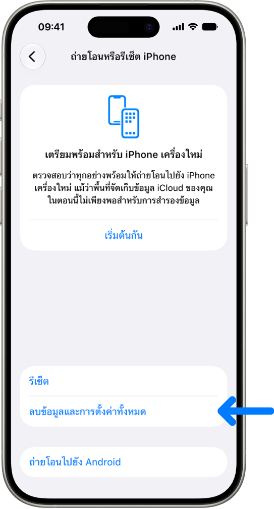 ภาพถ่ายหน้าจอ iPhone ที่แสดงการลบข้อมูลและการตั้งค่าทั้งหมดเป็นตัวเลือกที่เลือกอยู่