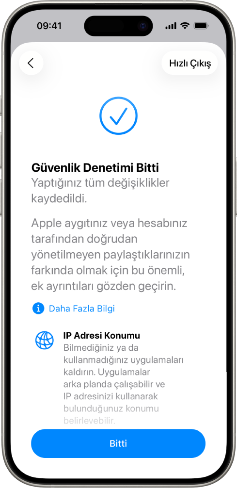 Güvenlik Denetimi’nin tamamlandığını gösteren bir Güvenlik Denetimi ekranı.