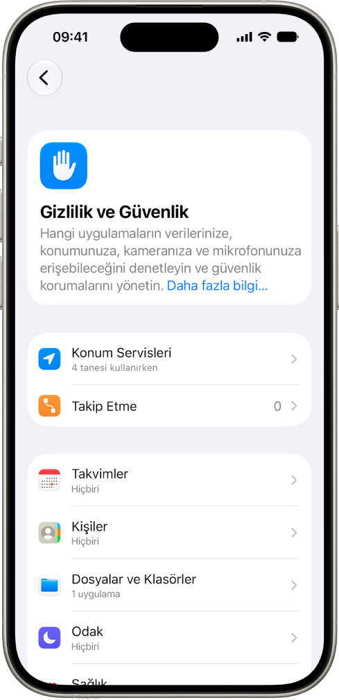 Ayarlar’da Gizlilik ve Güvenlik ekranını gösteren bir iPhone.