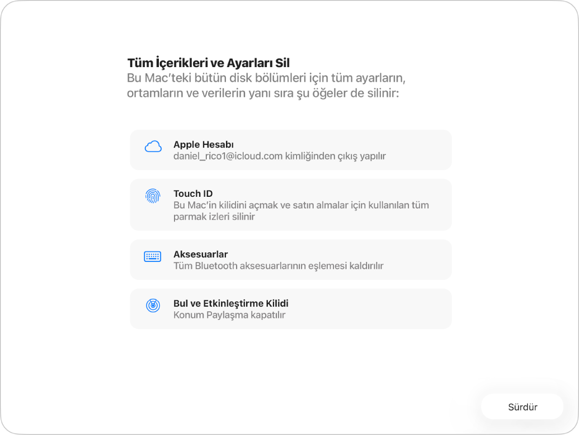 Tüm İçerikleri ve Ayarları Sil yardımcısını gösteren bir Mac.
