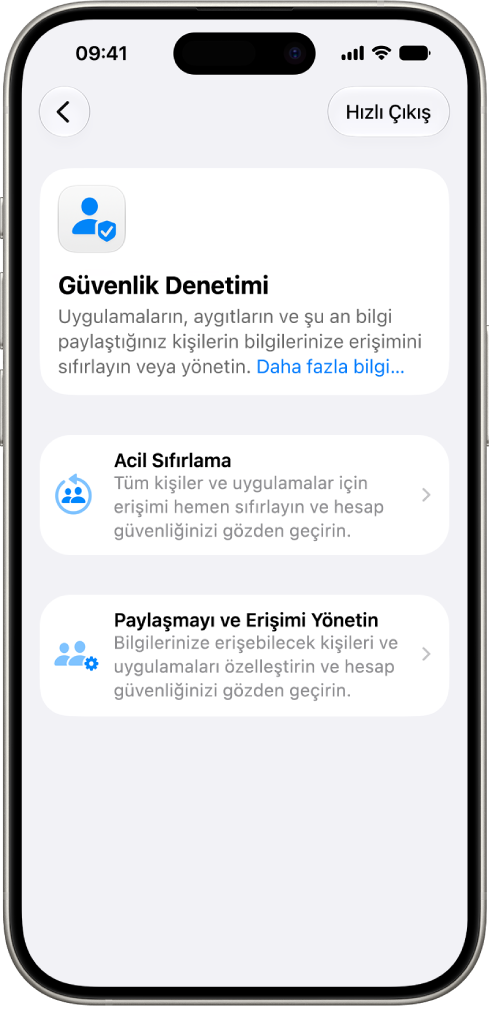 Güvenlik Denetimi ekranını gösteren bir iPhone.