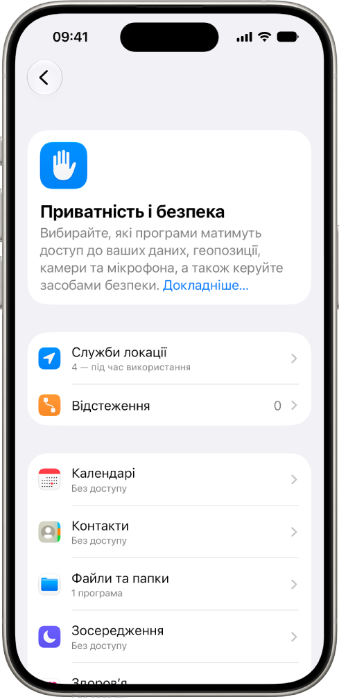 Екран «Приватність і Безпека» в параметрах iPhone.