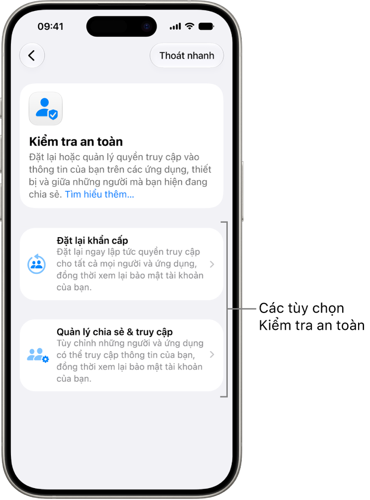 Một màn hình đang hiển thị hai tùy chọn có sẵn với Kiểm tra an toàn: Đặt lại khẩn cấp và Quản lý Chia sẻ & truy cập.