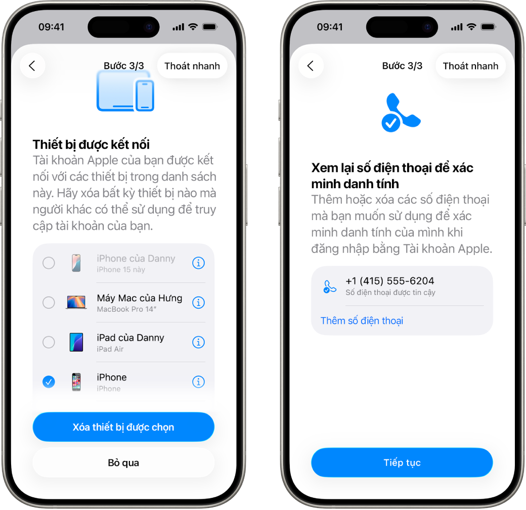 Hai màn hình iPhone đang hiển thị (1) một thiết bị được chọn để xóa khỏi các thiết bị được tin cậy và (2) một màn hình để sửa các số điện thoại được tin cậy.