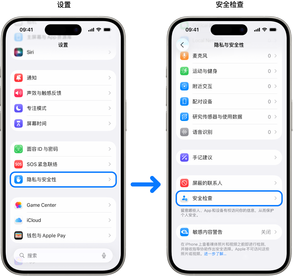 从“设置” App 访问“安全检查”的方式。