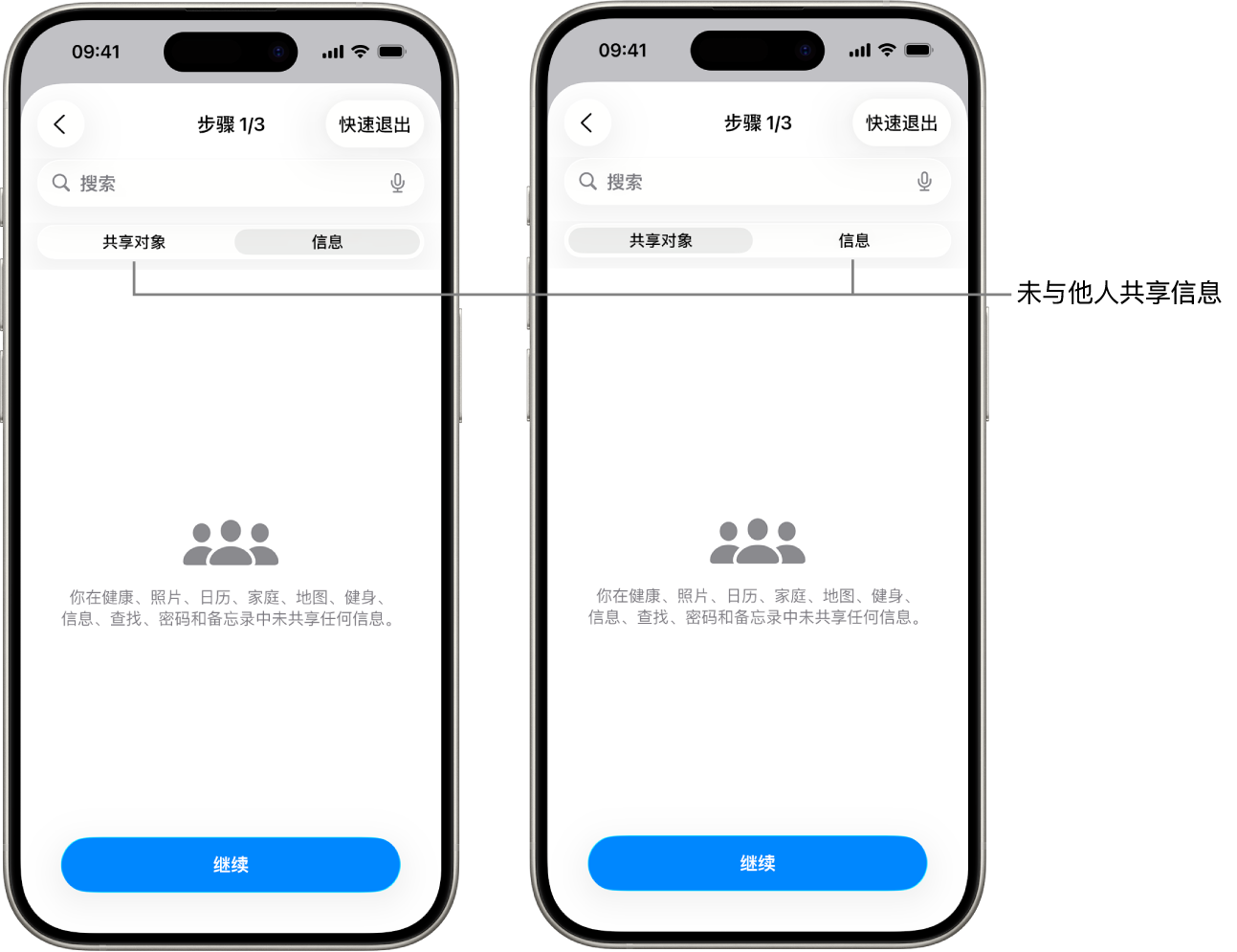 屏幕显示通过选择“共享对象”和“信息”标签页,用户未与任何其他人共享任何信息。