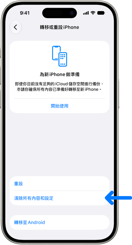 iPhone 螢幕顯示「清除所有內容和設定」選項已選取。