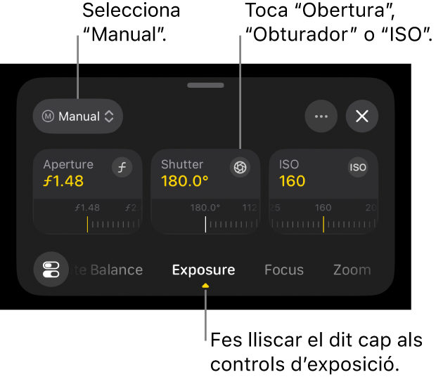 Els controls d’exposició, en què es mostren el menú desplegable de la part superior configurat en manual i els dials d’obertura, d’obturació i d’ISO a sota.