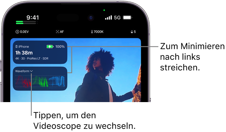 Der Wellenformmonitor auf dem Final Cut Camera-Bildschirm mit einem Abwärtspfeil, der ein Menü zum Wechseln der Videoscopes öffnet.