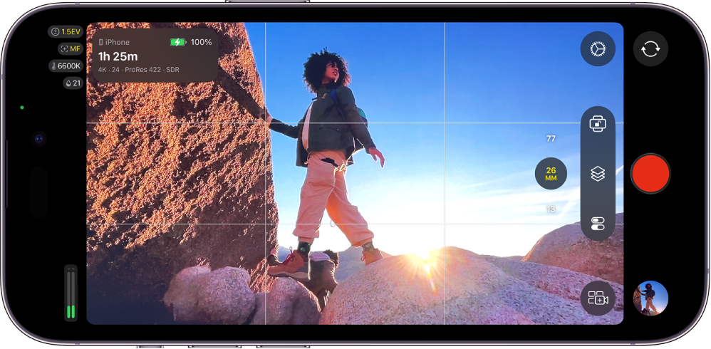 The Final Cut Camera screen, showing camera controls, the Record button, and the viewfinder grid overlay.