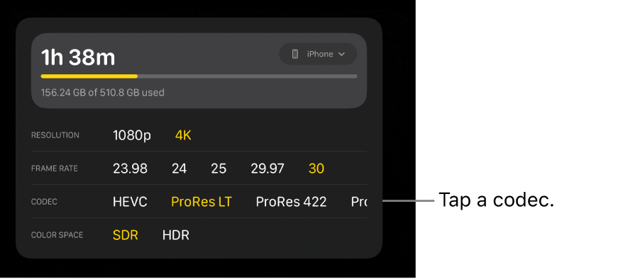 Resolution, frame rate, codec, and color space settings.