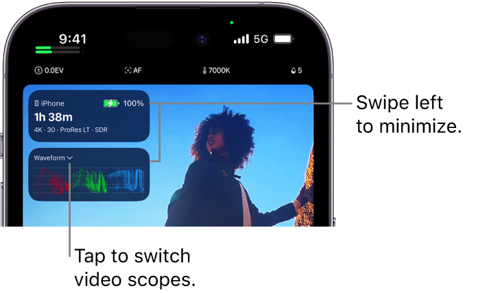 The waveform monitor displayed on the Final Cut Camera screen, with a down arrow that opens a menu for switching between video scopes.