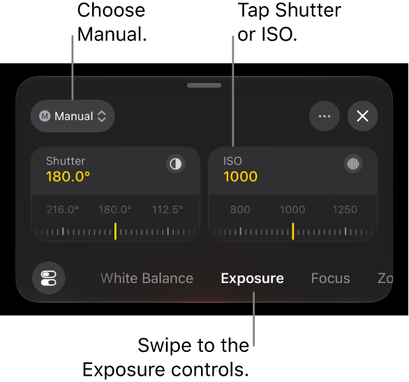 The Exposure controls, showing the pop-up menu at the top set to Manual and Shutter and ISO dials below.