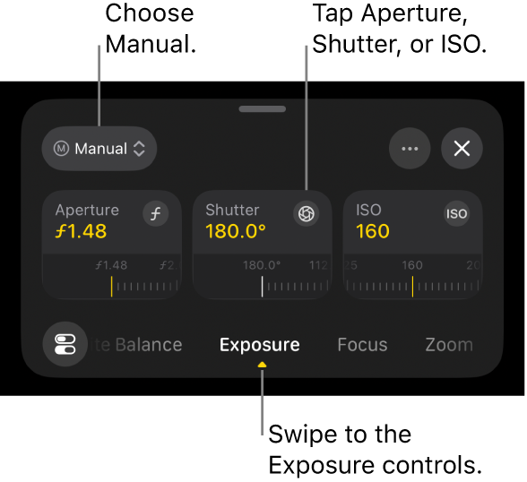 The Exposure controls, showing the pop-up menu at the top set to Manual and Aperture, Shutter, and ISO dials below.