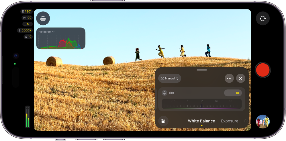 The Final Cut Camera screen, with camera controls, the Record button, and manual Tint controls.