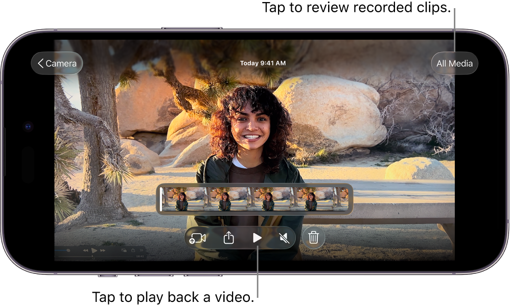The playback screen in Final Cut Camera, showing the current clip, playback controls, and the All Media button.