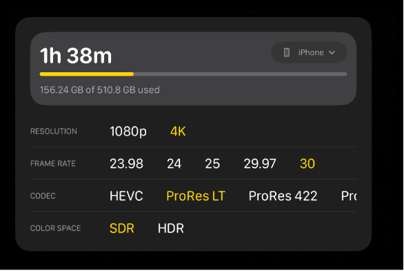 Resolution, frame rate, codec, and color space settings.
