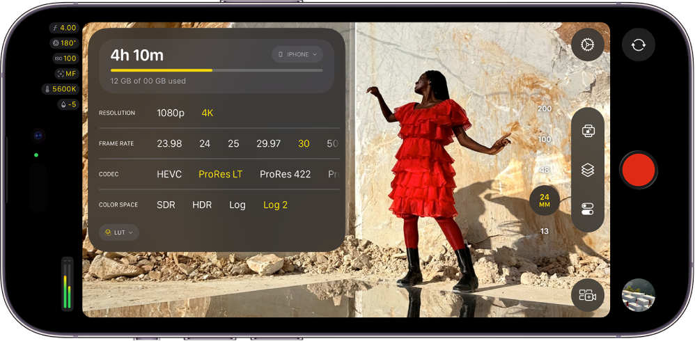 The Final Cut Camera screen, with camera controls and the Record button.