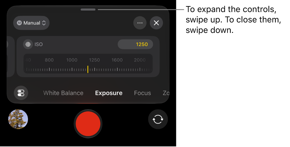 The Exposure controls, with a handle at the top for closing the controls.