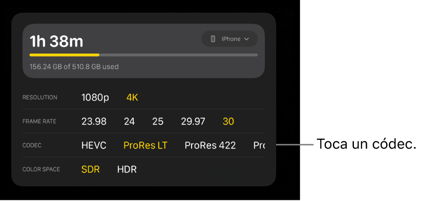 Configuración de resolución, frecuencia de fotogramas, códec y espacio de color.