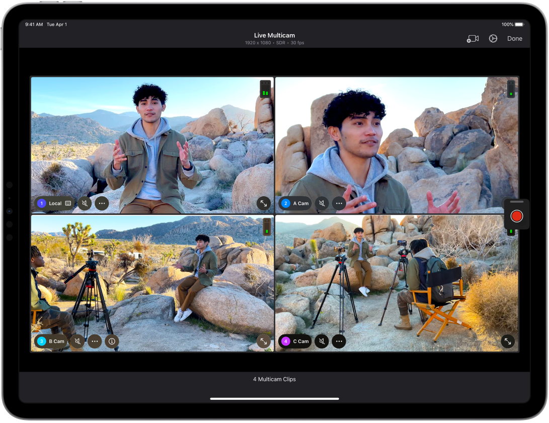 Sesión de grabación “Multicam en directo” en Final Cut Pro para iPad con cuatro ángulos de cámara.