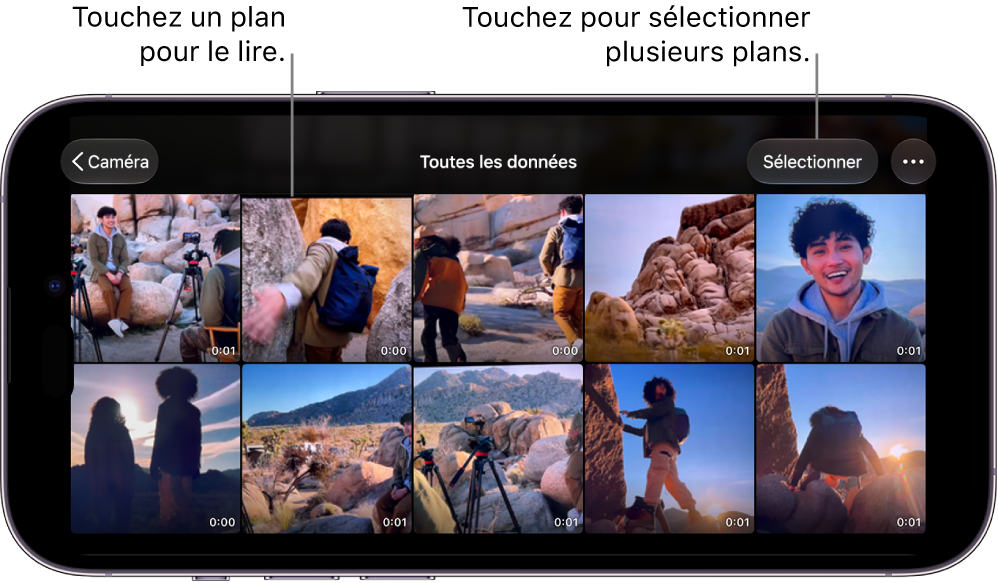 Écran « Toutes les données » dans Final Cut Camera, affichant des vignettes vidéo, un bouton Sélectionner et un bouton Plus.