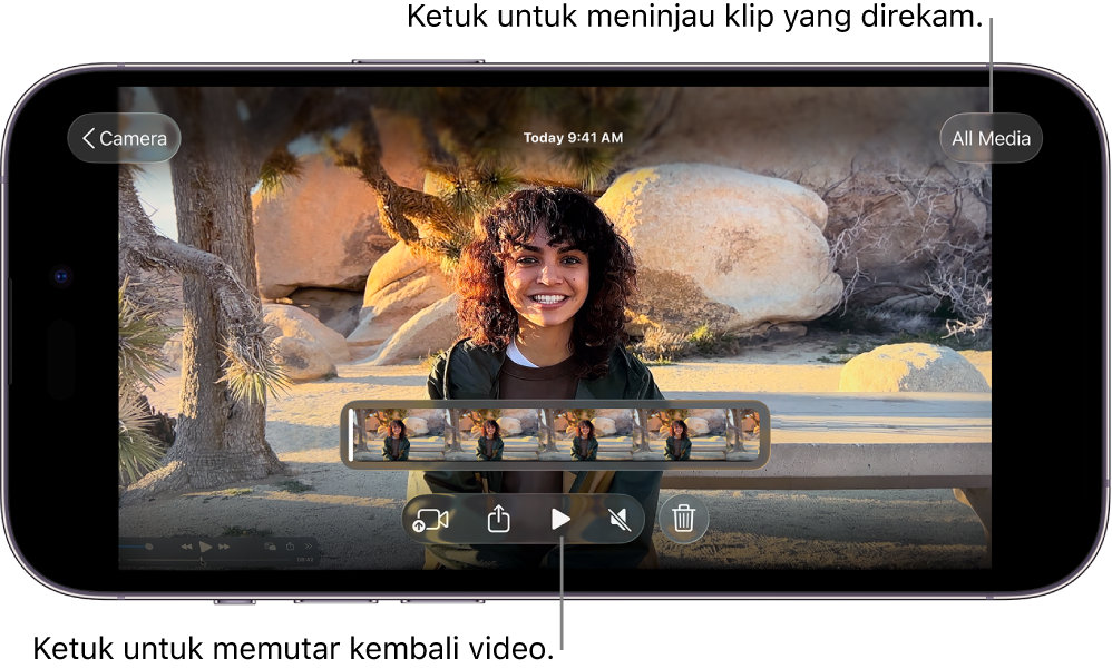 Layar pemutaran di Final Cut Camera, menampilkan klip saat ini, kontrol pemutaran, dan tombol Semua Media.