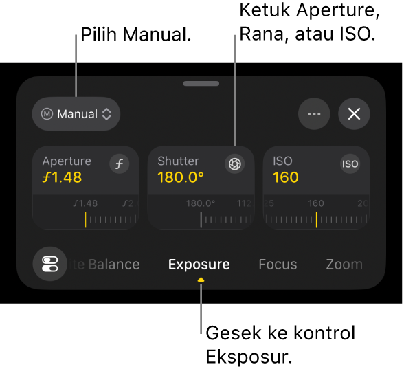 Kontrol Eksposur, menampilkan menu pop-up di bagian atas diatur ke Manual dan dial Aperture, Rana, dan ISO di bawahnya.
