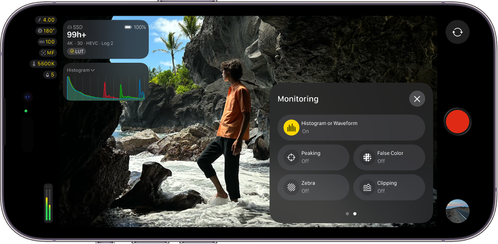 オーバーレイオプションが表示されているFinal Cut Camera画面。「ヒストグラム」または「波形」オプションがオンになっていて、画面にヒストグラムが表示されています。