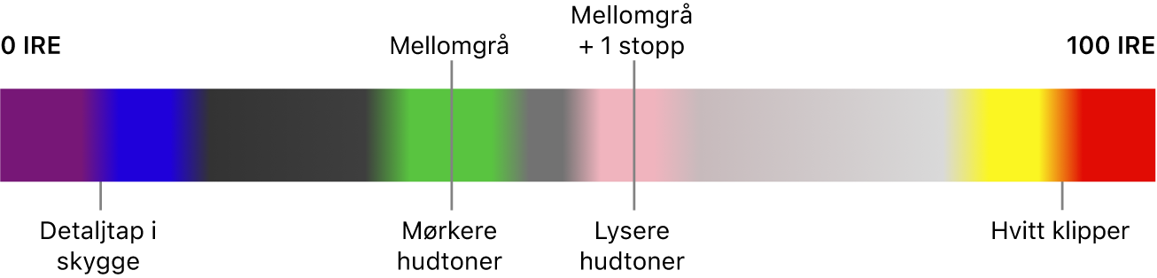Et falsk farge-diagram som går fra 0 IRE på venstre side til 100 IRE på høyre side, som viser hvordan farger kartlegges til tap av skyggedetaljer, mellomgrått, hudfarger og klipping. Lilla og blått nær 0 IRE indikerer tap av skyggedetaljer. I midten av området indikerer grønn, rosa og grå mellomgrå og hudfarger. Gult og rødt nær 100 IRE indikerer at hvitt klippes.