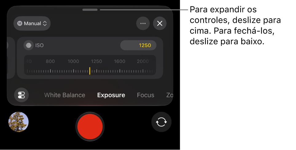 Os controles de Exposição, com uma alça na parte superior para fechá‑los.