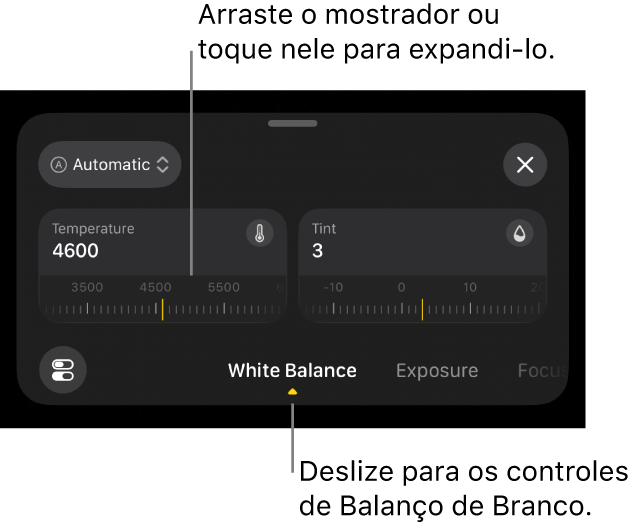 Os controles de Balanço de Branco, incluindo os seletores de Temperatura e Matiz, com um menu acima para alternar entre ajustes automáticos e manuais de balanço de branco.