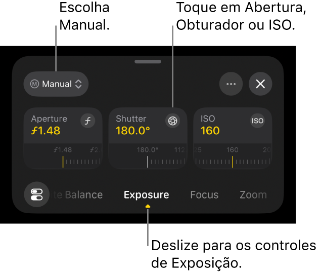 Os controles de Exposição, mostrando o menu pop‑up na parte superior definido como Manual e os seletores de Abertura, Obturador e ISO abaixo.
