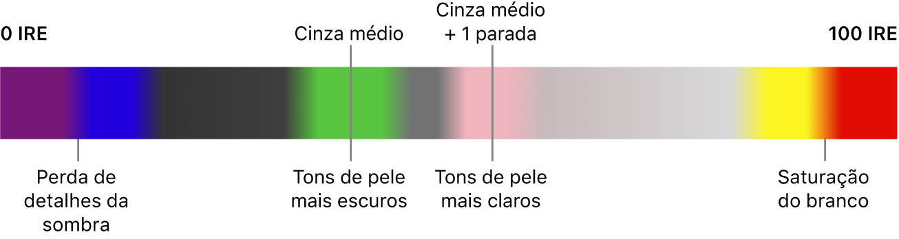 Um gráfico de cores falsas que vai de 0 IRE à esquerda a 100 IRE à direita, mostrando como as cores são mapeadas para a perda de detalhes nas sombras, cinza médio, tons de pele e recorte. O roxo e o azul próximos de 0 IRE indicam perda de detalhes na sombra. No meio do intervalo, o verde, o rosa e o cinza indicam cinza médio e tons de pele. O amarelo e o vermelho perto de 100 IRE indicam que os brancos estão sendo recortados.