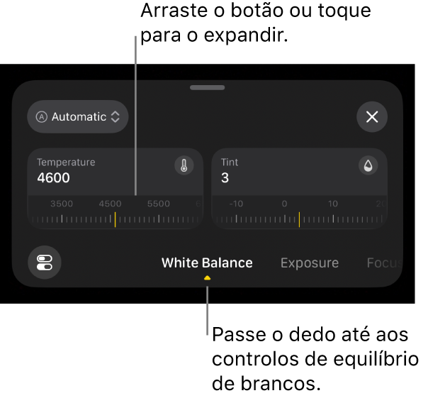 Os controlos “Equilíbrio de brancos”, incluindo os controlos “Temperatura” e “Tonalidade”, com um menu por cima para alternar entre ajustes automáticos e manuais do equilíbrio de brancos.