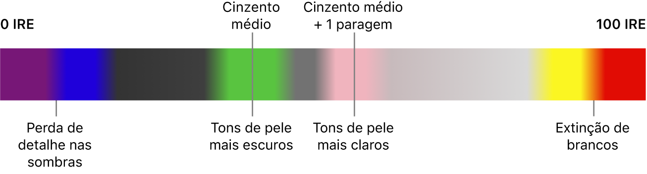 Uma tabela de cores falsa que vai de 0 IRE à esquerda a 100 IRE à direita, que mostra como as cores são mapeadas para a perda de detalhes nas sombras, cinza médio, tons de pele e sobre‑exposição. O roxo e o azul próximos de 0 IRE indicam perda de detalhes nas sombras. A meio da gama, o verde, o rosa e o cinza indicam cinza médio e tons de pele. O amarelo e o vermelho próximos de 100 IRE indicam que os brancos estão sobre‑expostos.