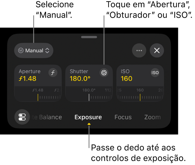 Os controlos de exposição com o menu pop‑up na parte superior definido para “Manual” e os controlos “Abertura”, “Obturador” e “ISO” por baixo.