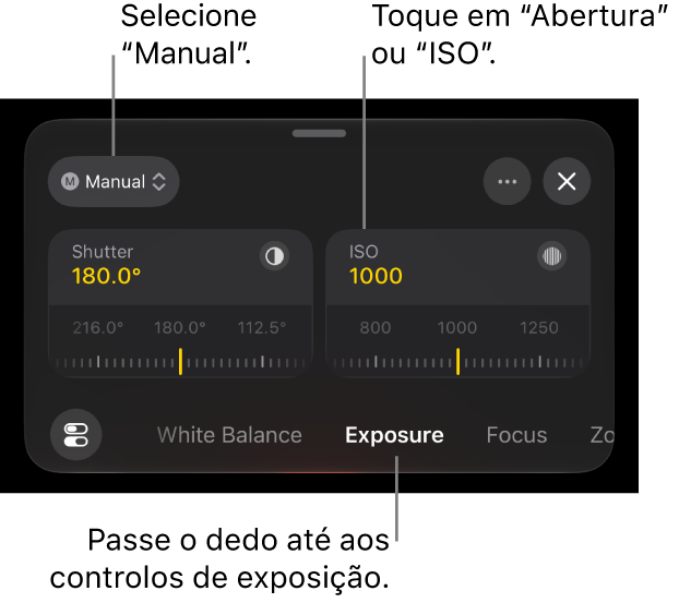 Os controlos de exposição com o menu pop‑up na parte superior definido para “Manual” e os controlos “Obturador” e “ISO” por baixo.