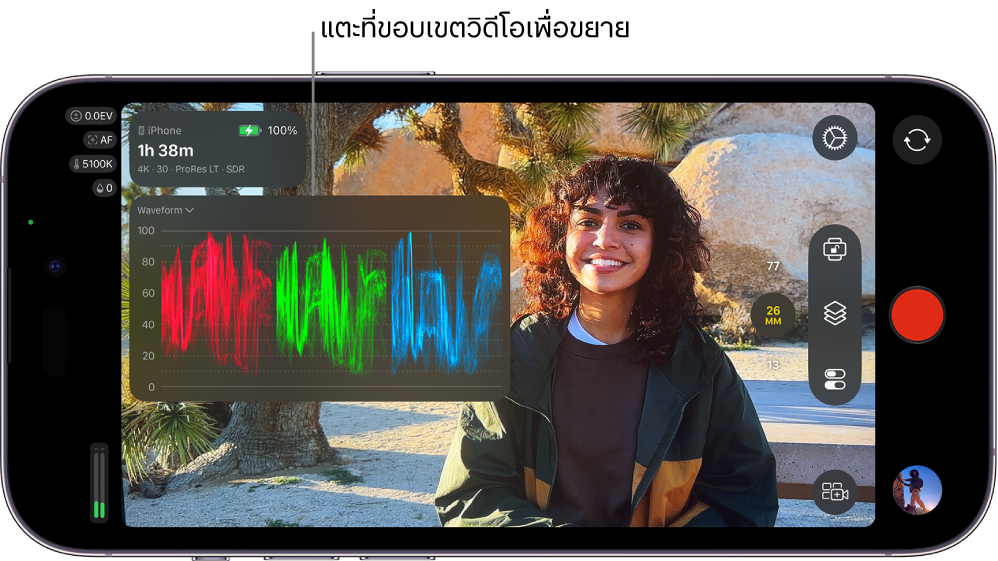 หน้าจอ Final Cut Camera ที่แสดงขอบเขตวิดีโอเวฟฟอร์มแบบขยาย