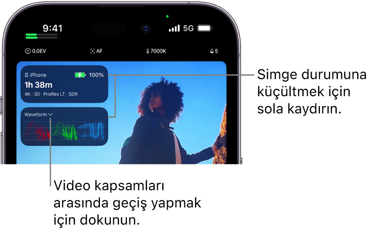 Final Cut Camera ekranında, video kapsamları arasında geçiş yapmaya yönelik bir menü açan aşağı ok ile görüntülenen dalga biçimi monitörü.