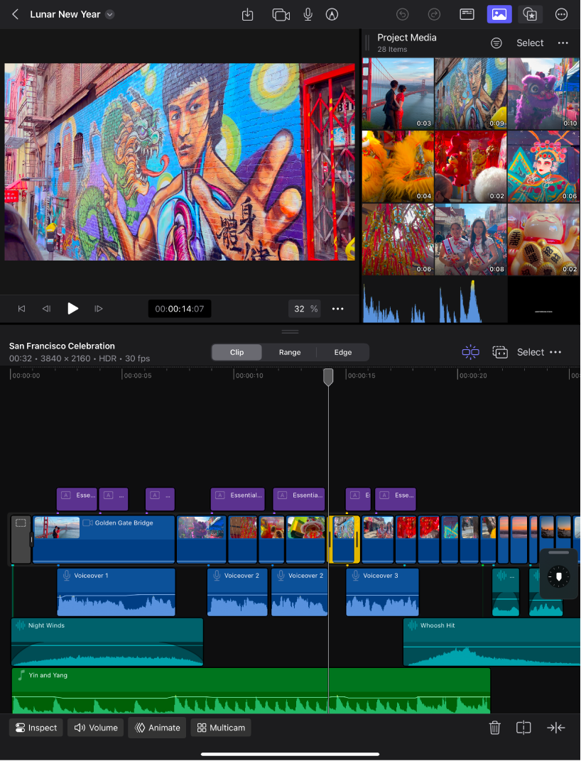 Der Final Cut Pro-Bearbeitungsbildschirm im Hochformat.