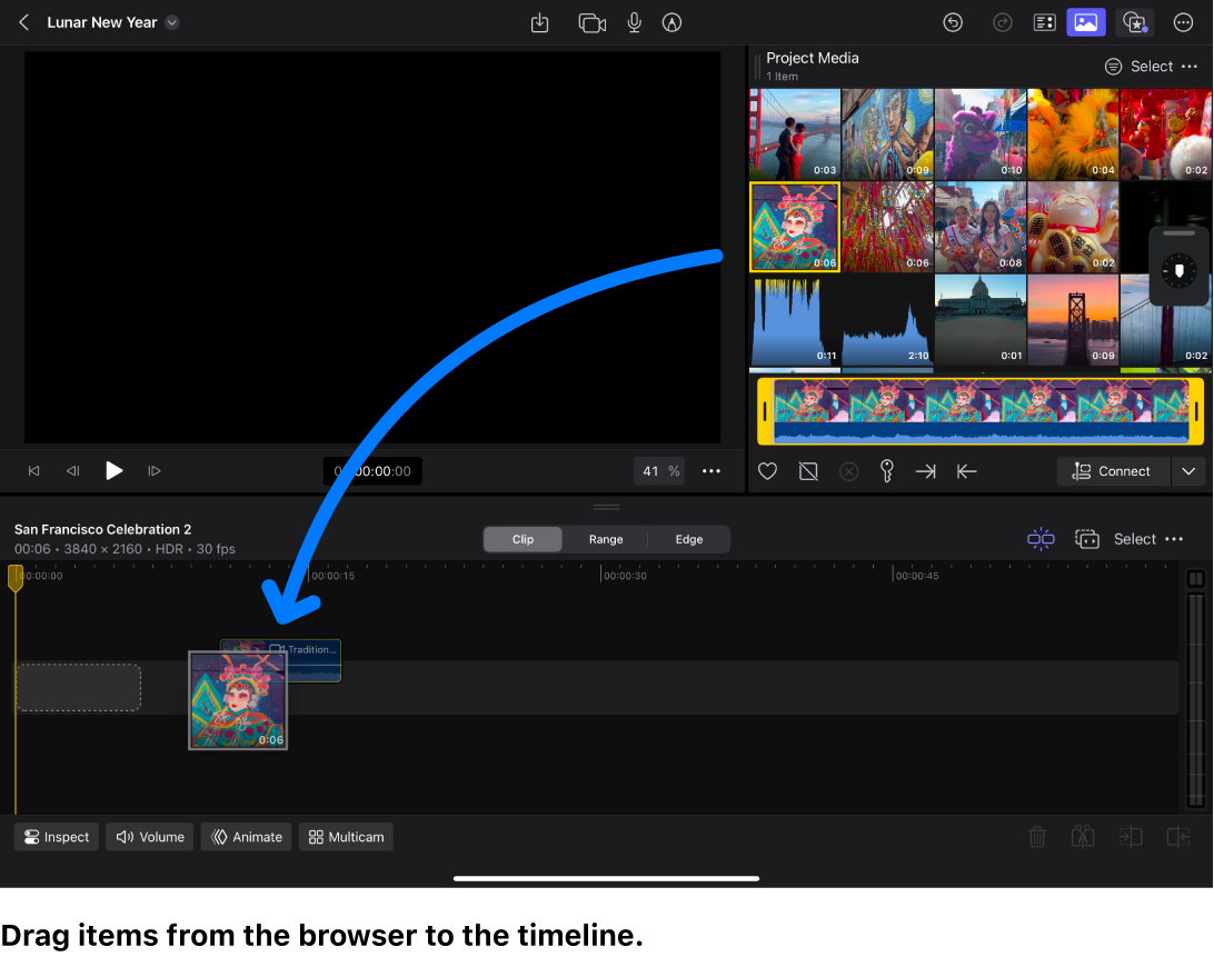 Der Hauptarbeitsbereich in Final Cut Pro für iPad mit einer Clip-Miniatur, die aus der Übersicht in die Timeline bewegt wird.