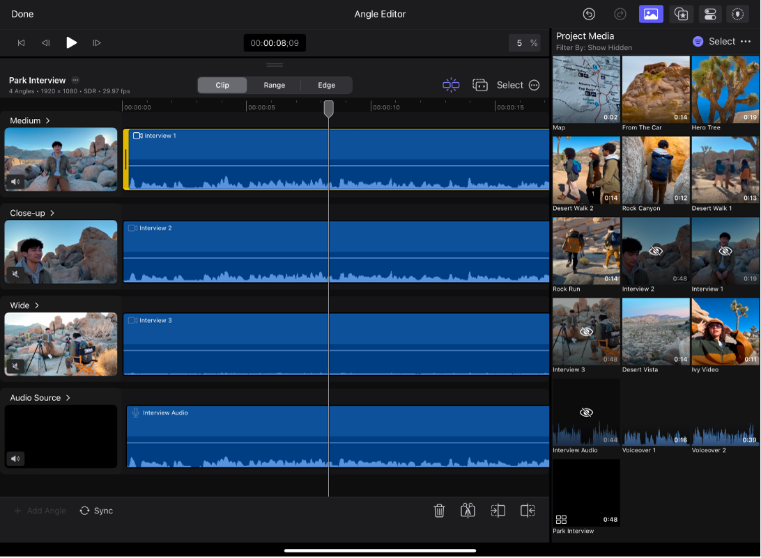 Der Kamera-Editor zeigt die Clips in einem Winkeln auf separaten Spuren. Die Übersicht befindet sich rechts.