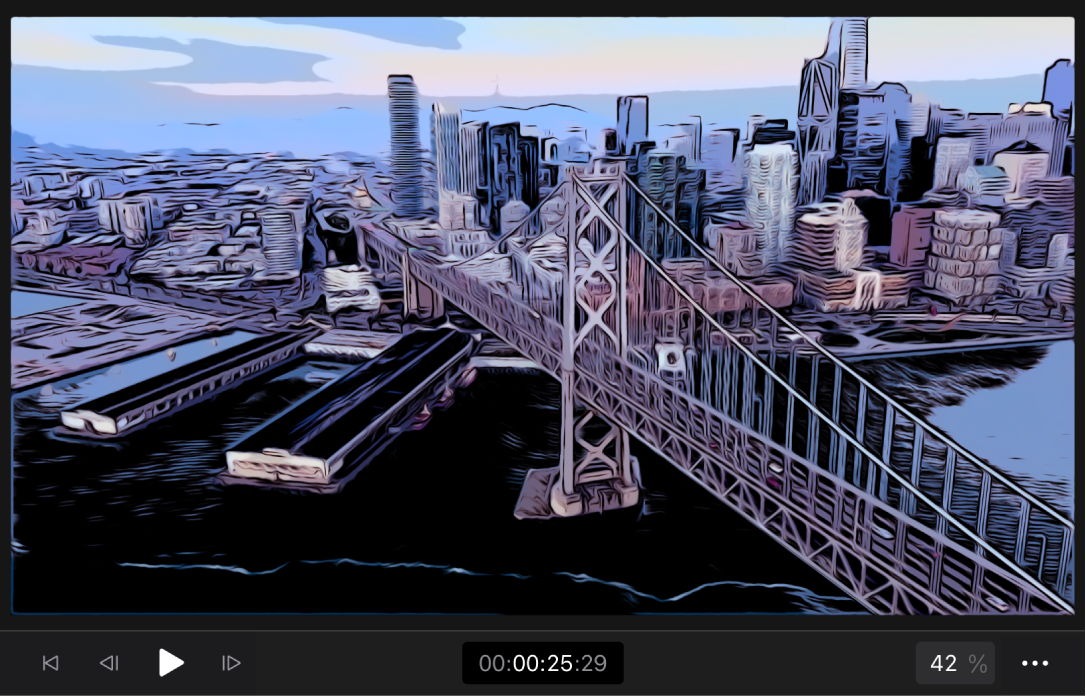 Der Viewer zeigt ein Bild, auf das der Effekt „Comic“ angewandt wurde, der eine Stadtlandschaft in eine bunte Zeichnung verwandelt.