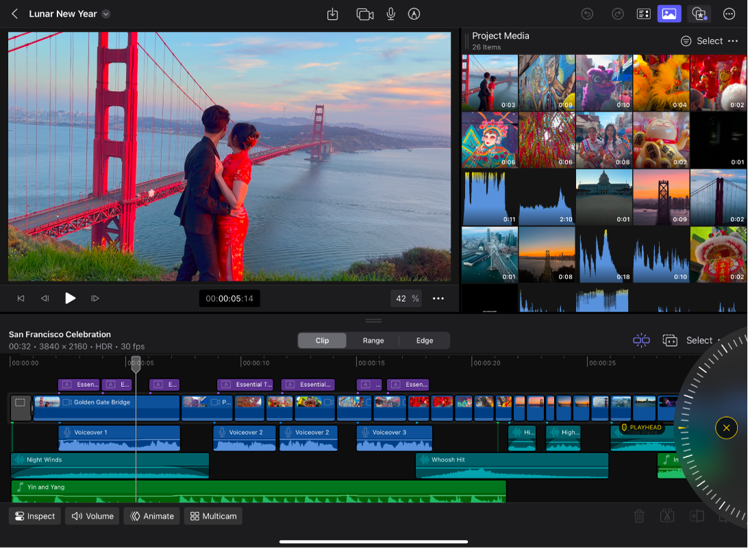 Der Hauptarbeitsbereich in Final Cut Pro für das iPad, mit dem Viewer und der Projektübersicht oben und der Timeline am unteren Rand.