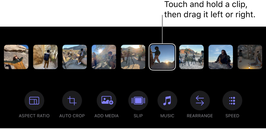 A clip selected in the row of thumbnails at the bottom of the Montage Maker screen.