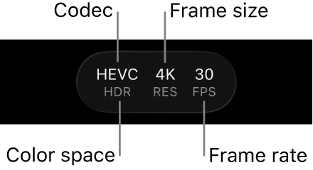 Camera settings at the top of the screen, including the codec, color space, frame size, and frame rate.