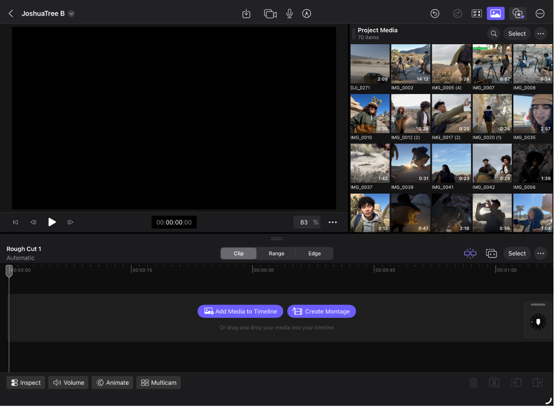 The Edit screen with media in the browser and an empty timeline with two buttons: Add Media to Timeline and Create Montage.