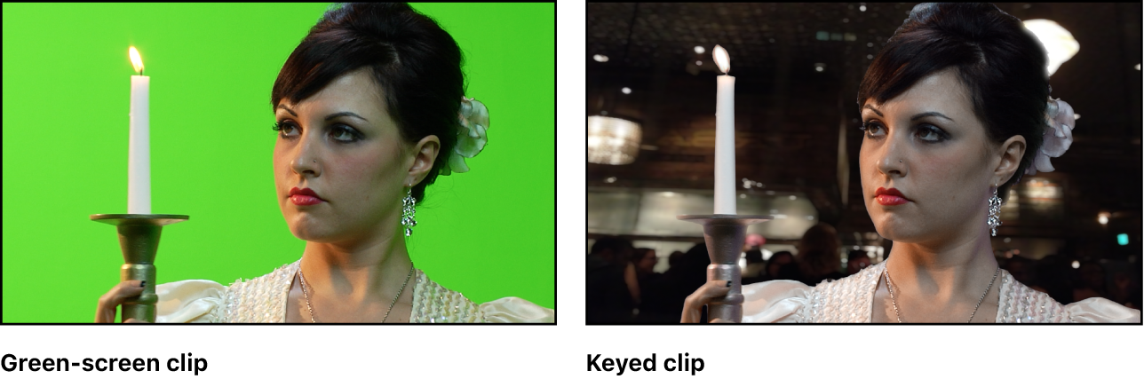 A green-screen clip before and after it’s composited over a background image.