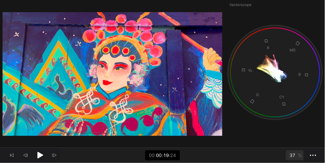 An image in the viewer on the left and the vectorscope on the right, with a circular scale showing the distribution of color in the clip.
